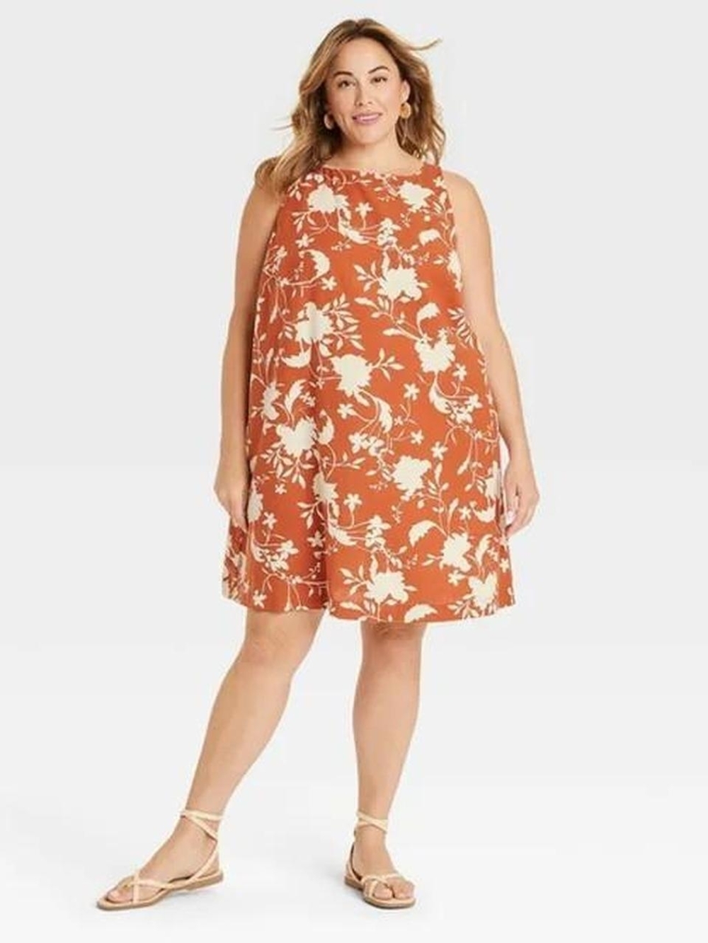 Ava & Viv boho floral midi shift dress linen blend orange Size: 2XL